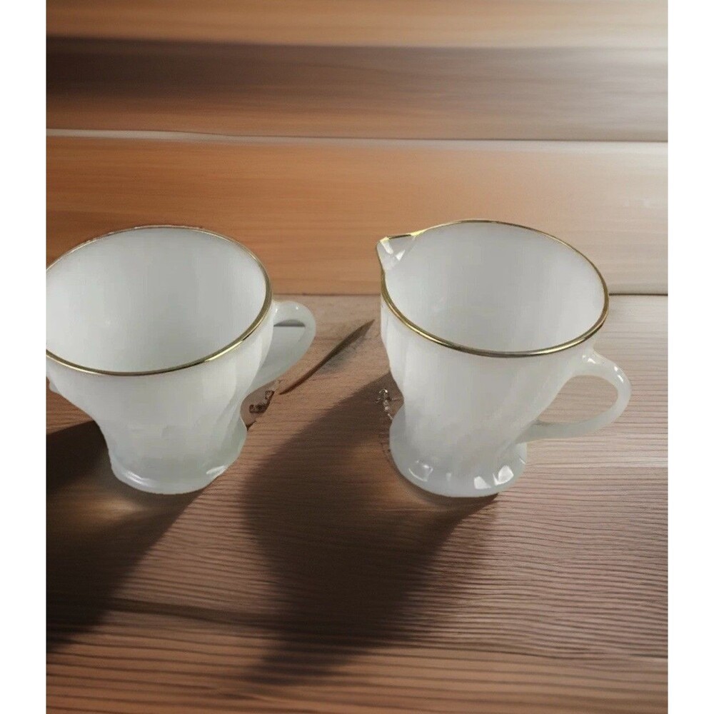 Anchor Hocking VTG Fire King Cream And Sugar Bowl Milk Glass Swirl Gold Trim